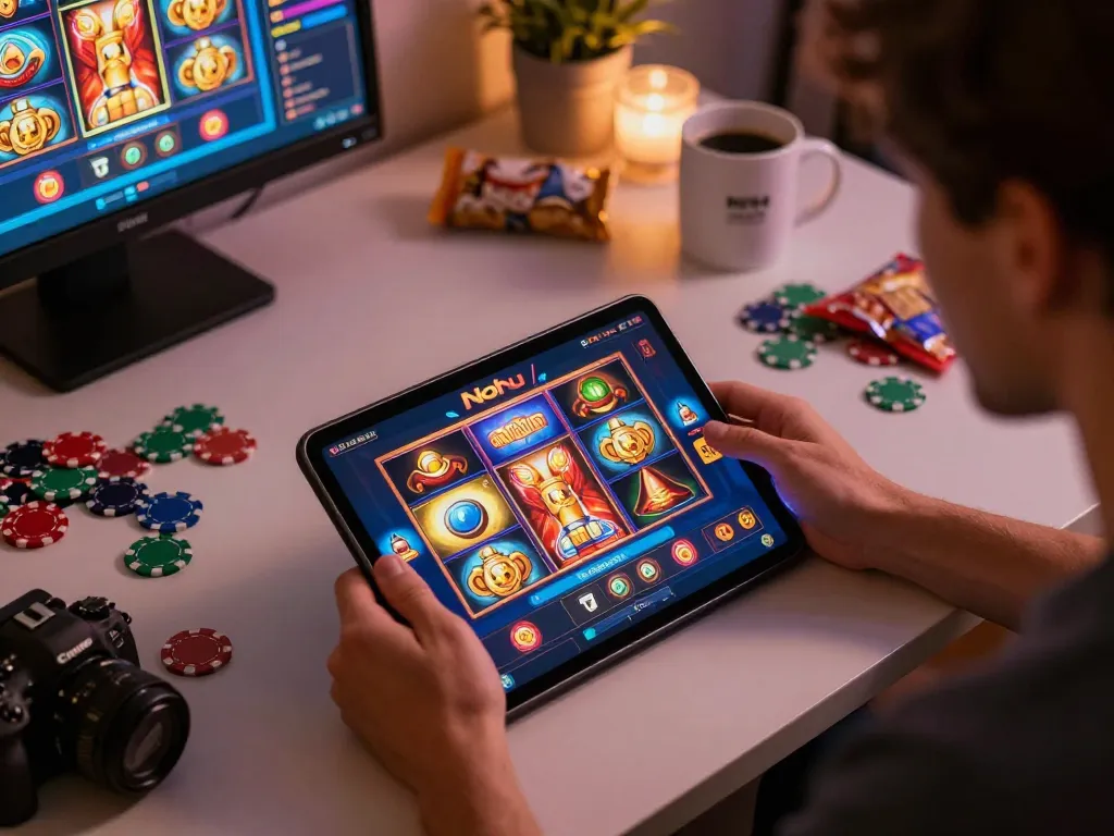 Nohu players engaging with dynamic online casino games on tablet, showcasing a vibrant and exciting atmosphere.