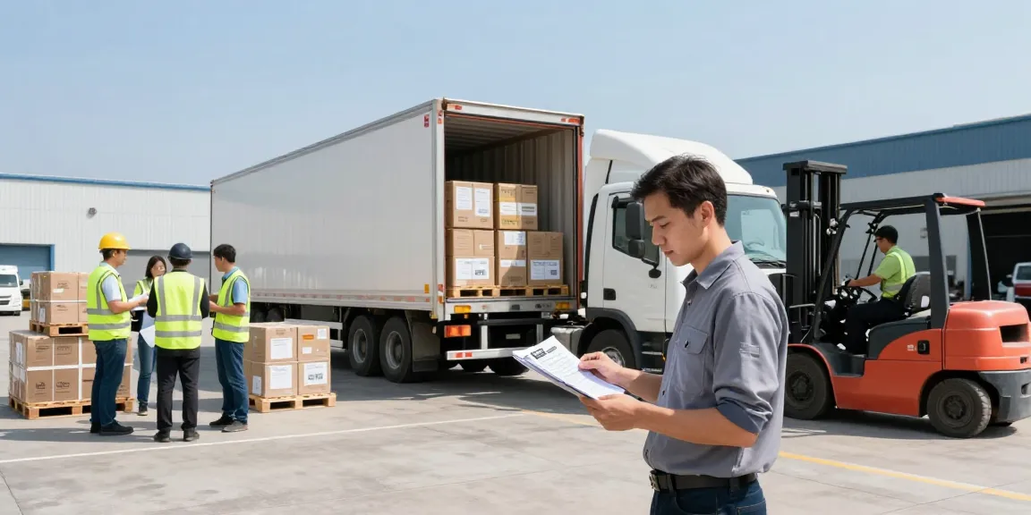 LKW Spedition in Dortmund: Transportlogistik am Ladeplatz mit Fahrern und aktiven Gabelstaplern.