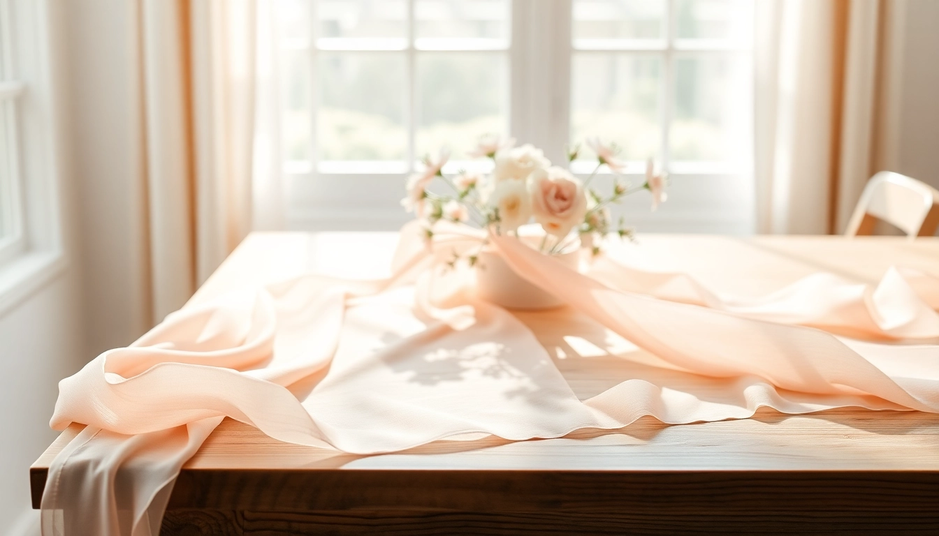Chiffon stof prachtig draped op een houten tafel met delicate bloemen.