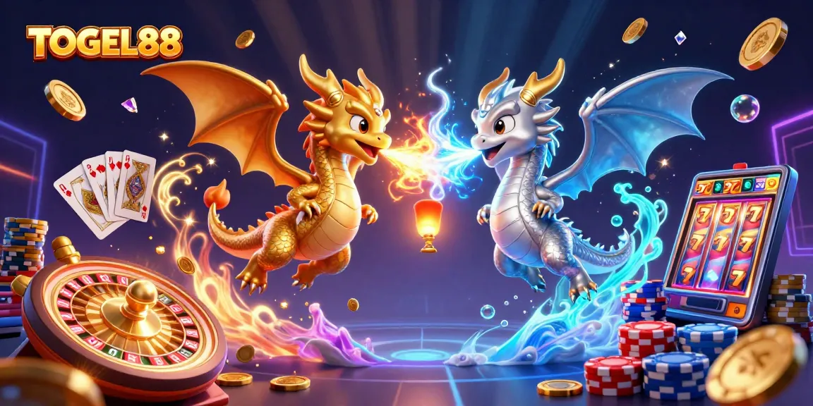 Experience TOGEL88's thrilling gaming world with golden dragons and dazzling casino elements.