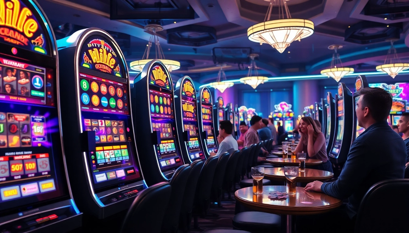 Slot mesin yang menarik perhatian dengan lampu neon yang bersinar di kasino