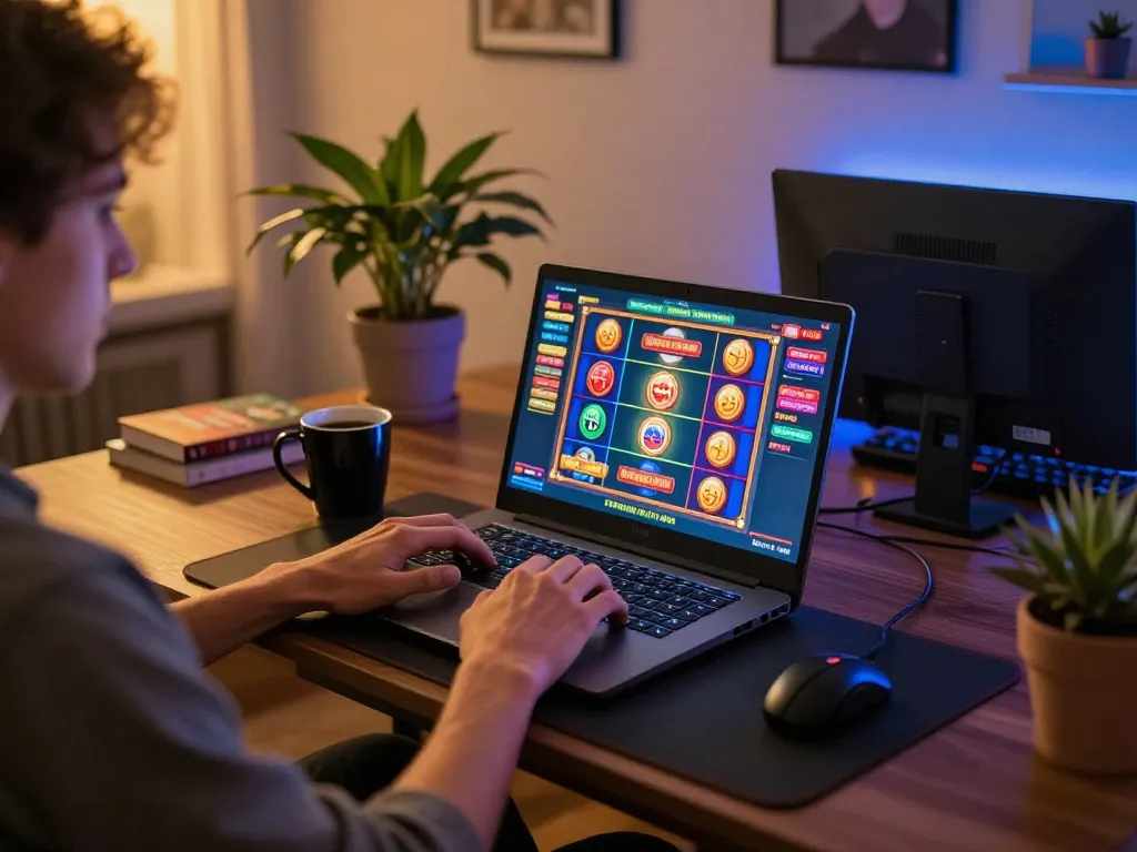 Engaging in casino americani online gaming, a player explores vibrant slot options on a cozy home setup.