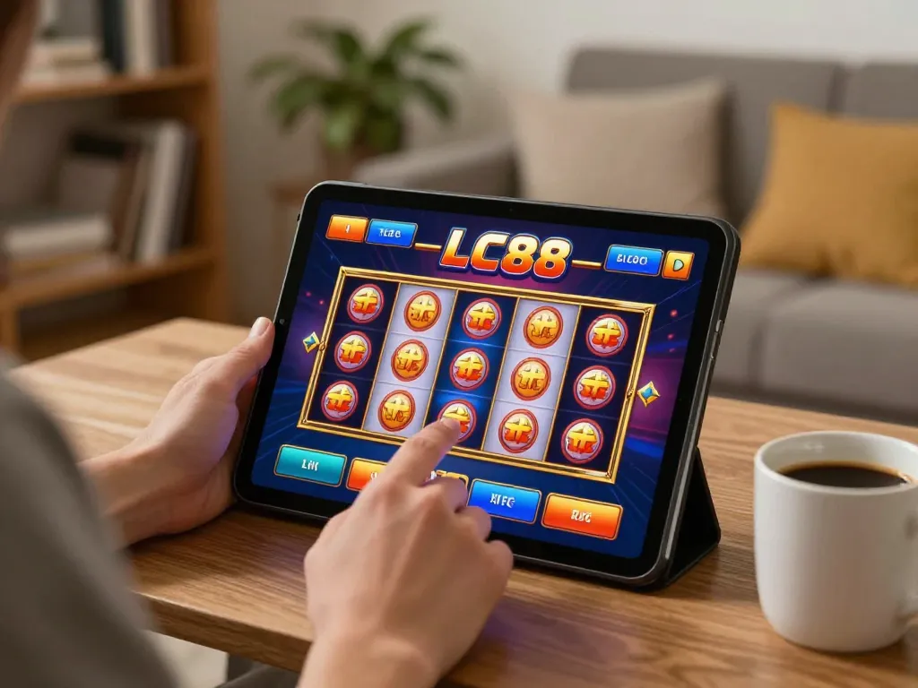 Engaging with the LC88 online casino interface on a tablet in a cozy home setting