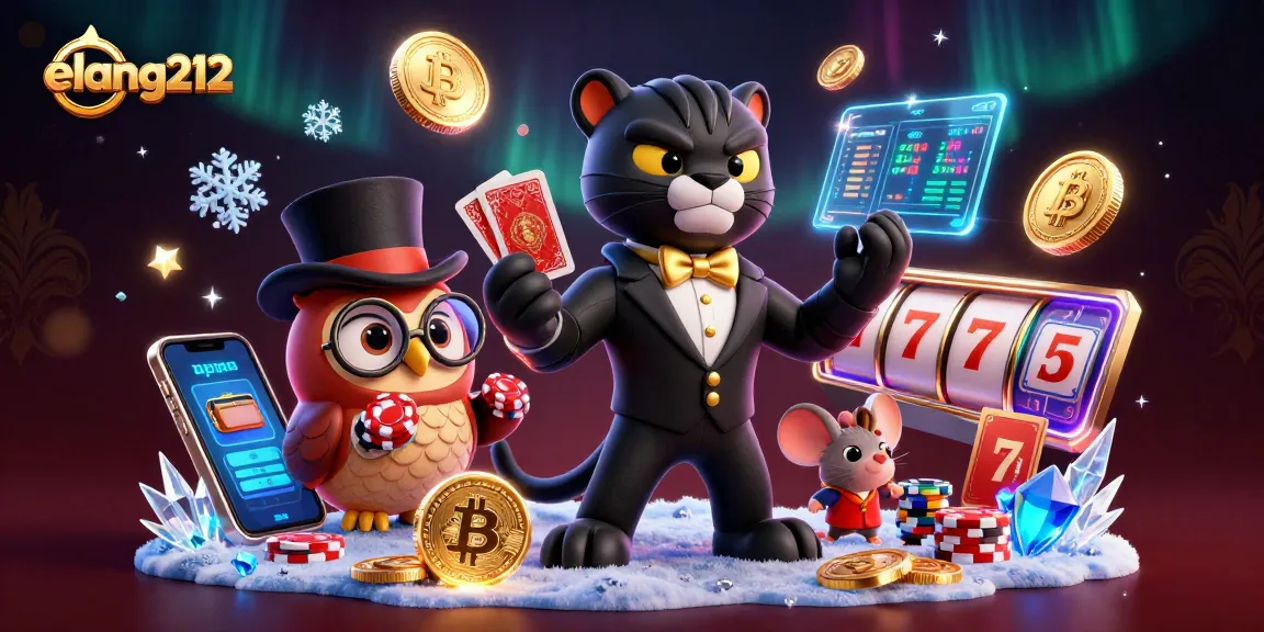 Experience elang212 casino excitement with a stylized scene featuring blackjack, neon coins, and vibrant characters.