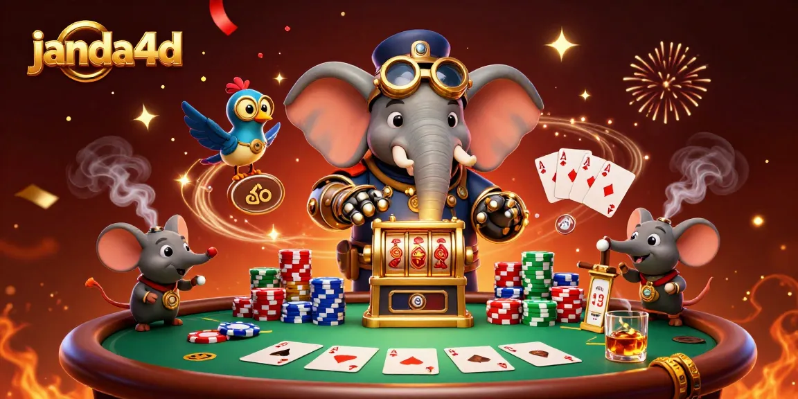 Permainan slot online janda4d dengan elefant steampunk yang mengoperasikan mesin slot emas, penuh aksi dan warna.