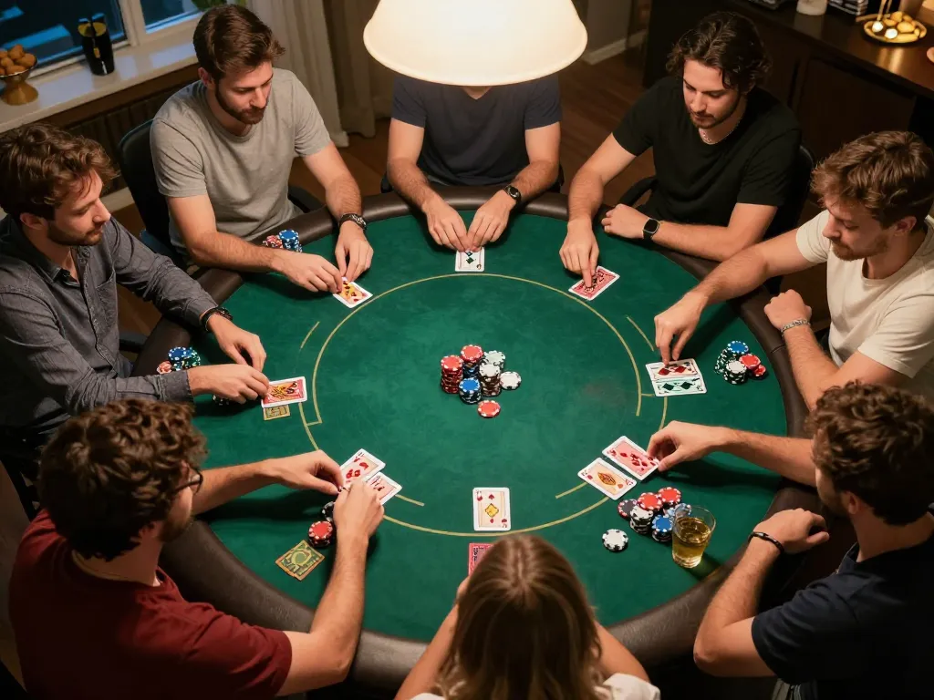 Engaging players strategizing with top quality widgets during a lively home poker game.