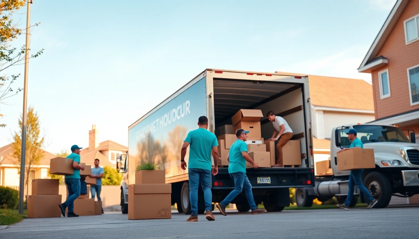 Toronto movers work diligently to load boxes and furniture at a sunny residential site.