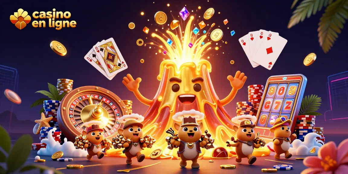 Profitez de l'expérience du casino en ligne avec un volcan doré triomphant et des animaux exploreurs.