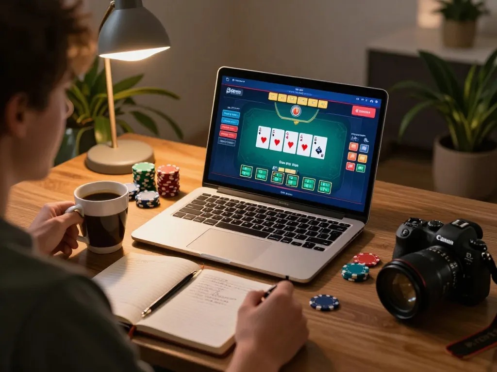 Engaging gameplay at Canada online casinos reddit with user playing online poker, strategic notes, and cozy atmosphere.
