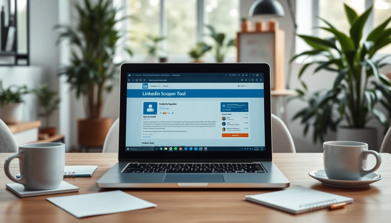 Utilize a linkedin scraping tool on a laptop in a vibrant office setting with unique features.