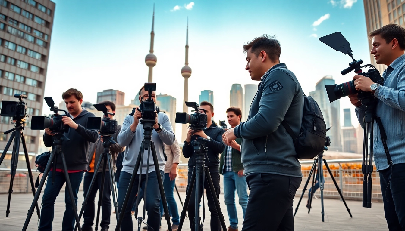 Professional videographers in Toronto collaborating on a film project amidst the cityscape.