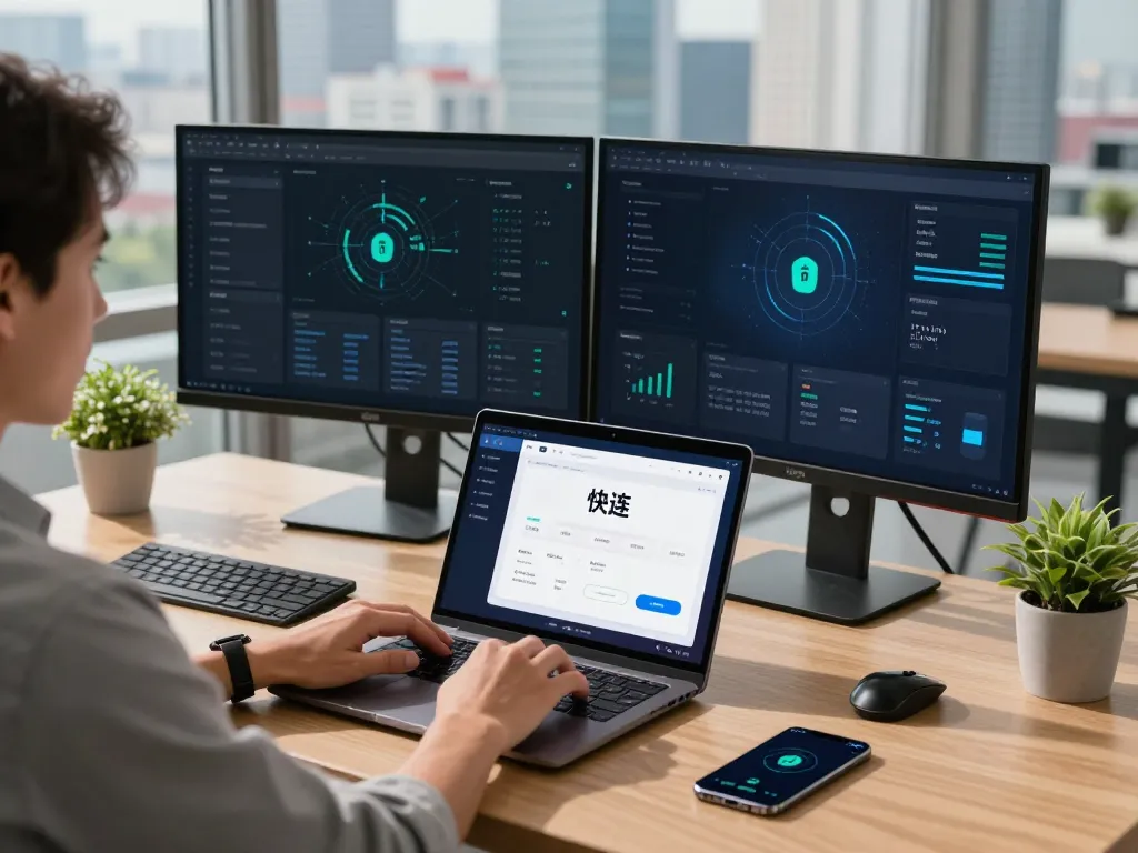快连 VPN user enjoying seamless connectivity in a modern workspace.