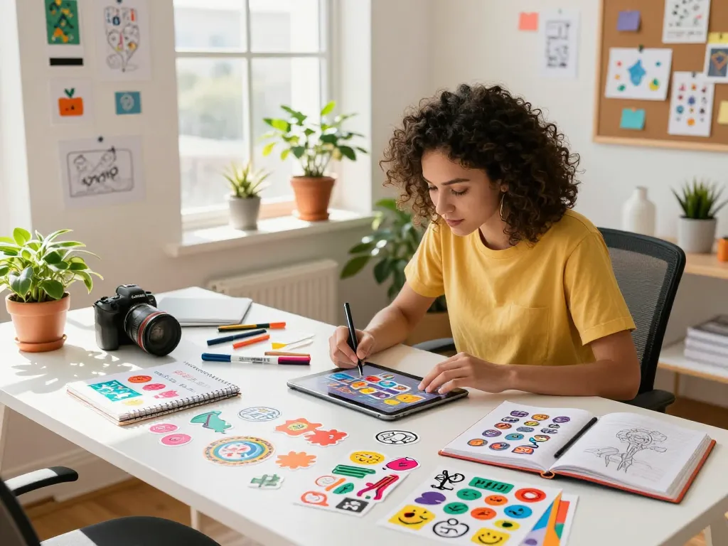 Creative workspace with a graphic designer making custom stickers, colorful designs, and natural light.