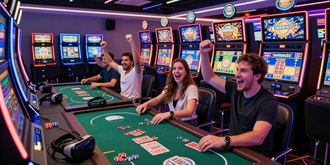 Players enjoying the Spaceman88 gaming experience, celebrating wins at vibrant digital slot machines.