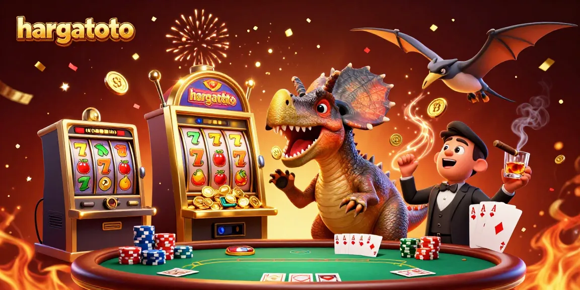 hargatoto rewards players with winning jackpots amid a vibrant casino scene featuring colorful slot machines.