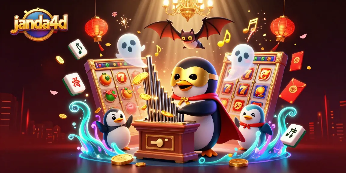 Permainan slot menarik di janda4d dengan penguin bermain organ dan koin emas melayang.