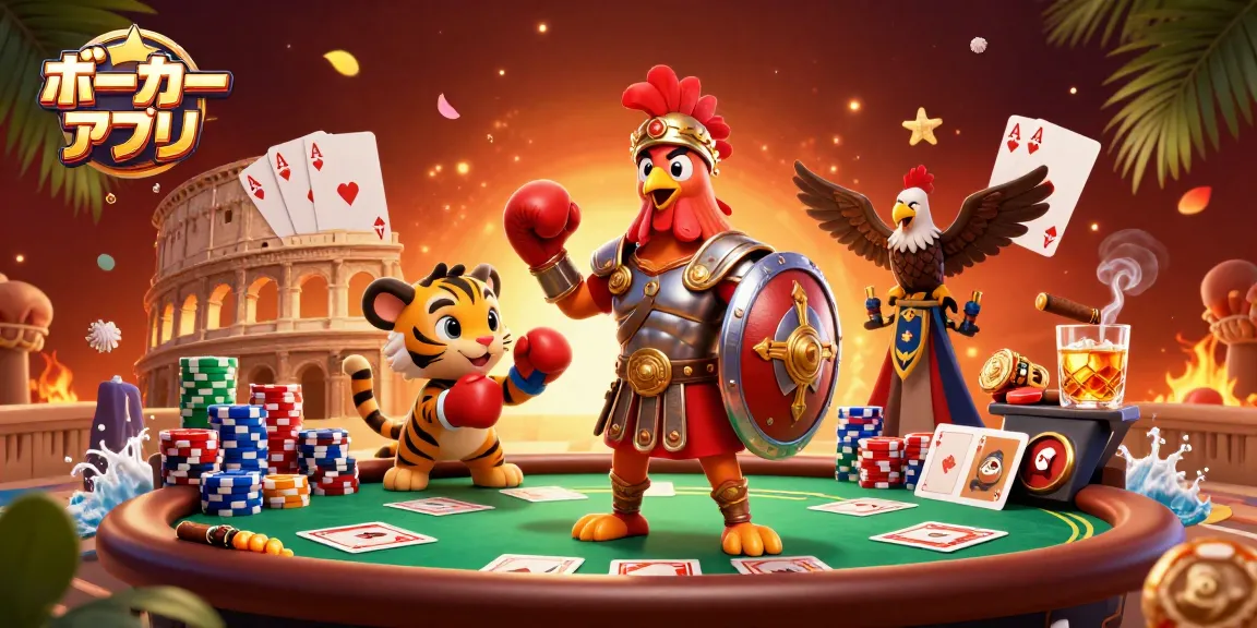 ポーカーアプリで遊ぶ3Dイラスト、カジノの興奮が感じられ、豊富なゲーム要素が描かれています。