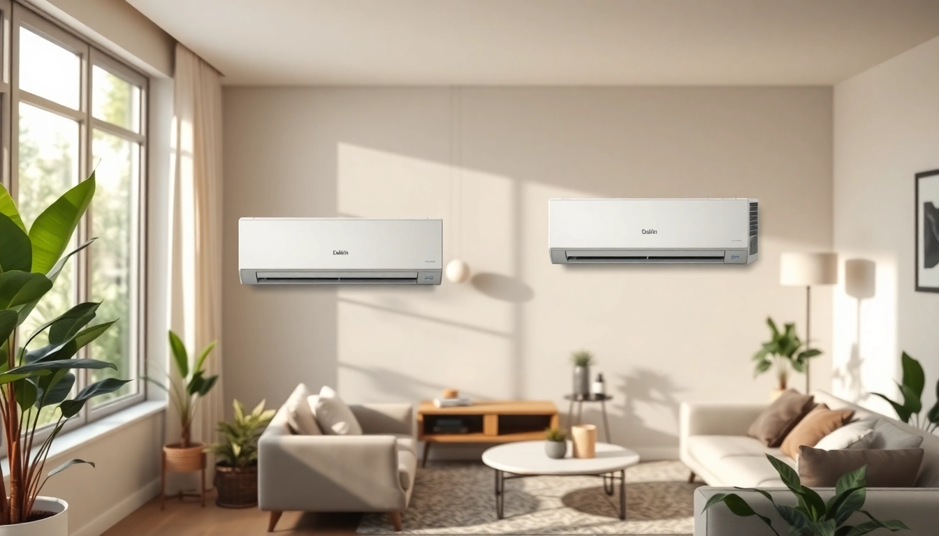 Showcase a Daikin mini split AC unit in a chic living room ambiance for energy-efficient cooling.