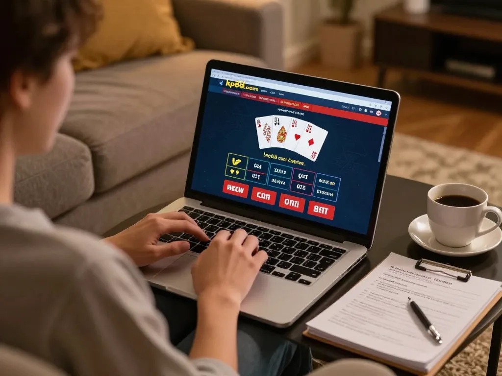 Engaged player on kp88 com using home setup for casino gaming with laptop and strategy notes.