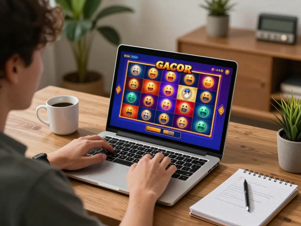 Playing exciting slot gacor online at home, showcasing vibrant game interface and strategic notes.