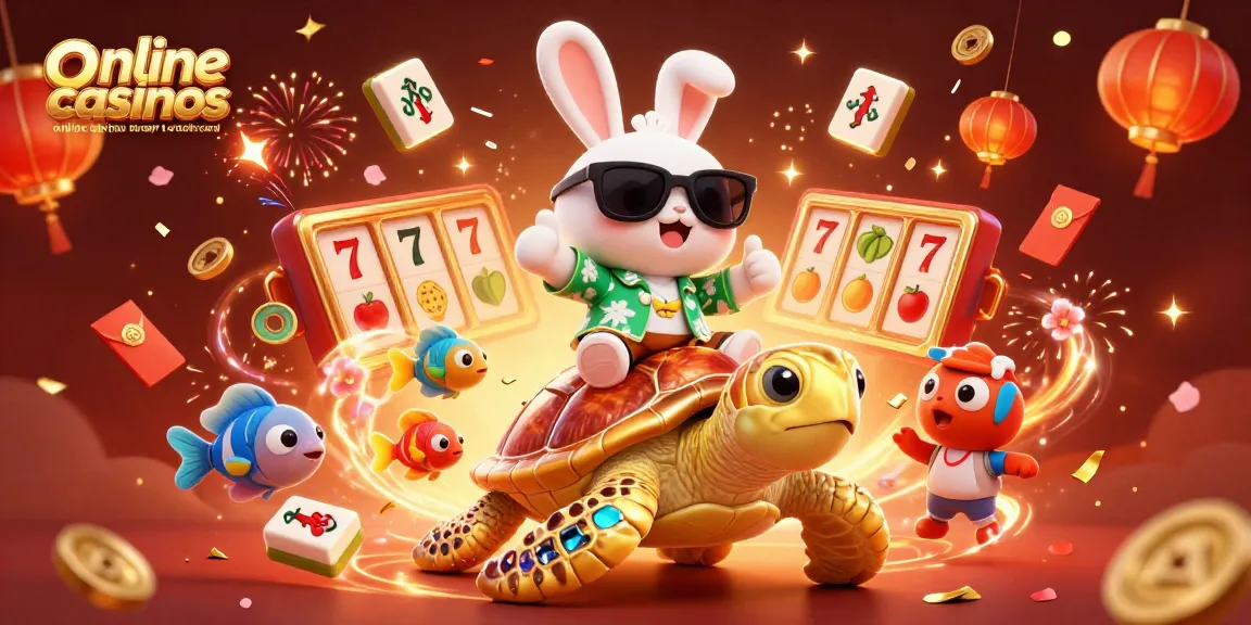 Experience the fun at online casinos that accept credit card with a lively 3D illustration featuring a lucky rabbit and golden turtle.