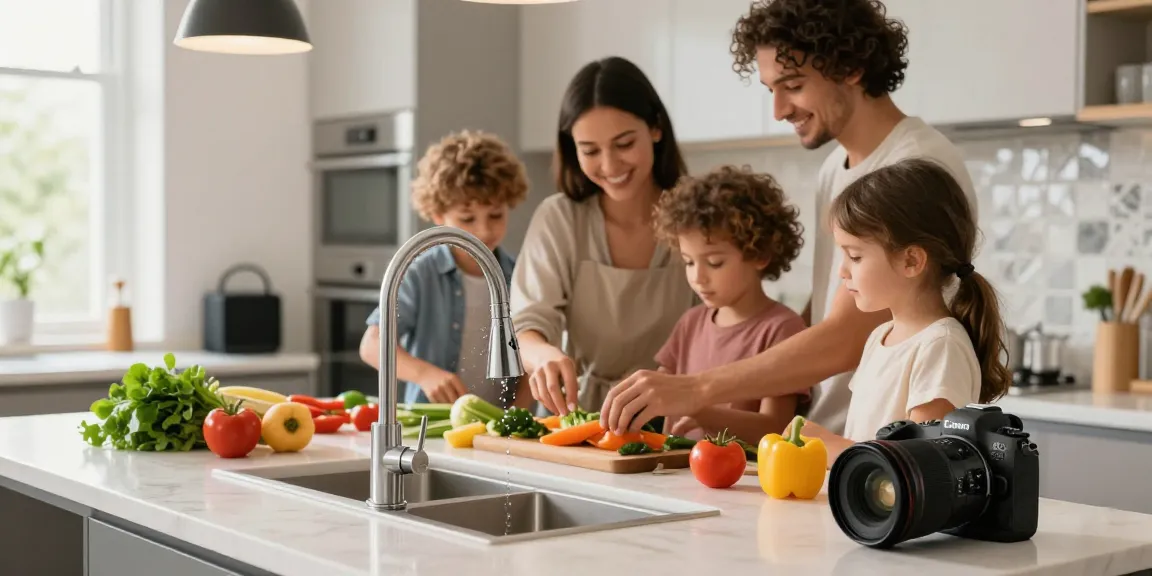 Kitchen faucets gleaming in a bright family kitchen, highlighting a joyful cooking experience with fresh ingredients.