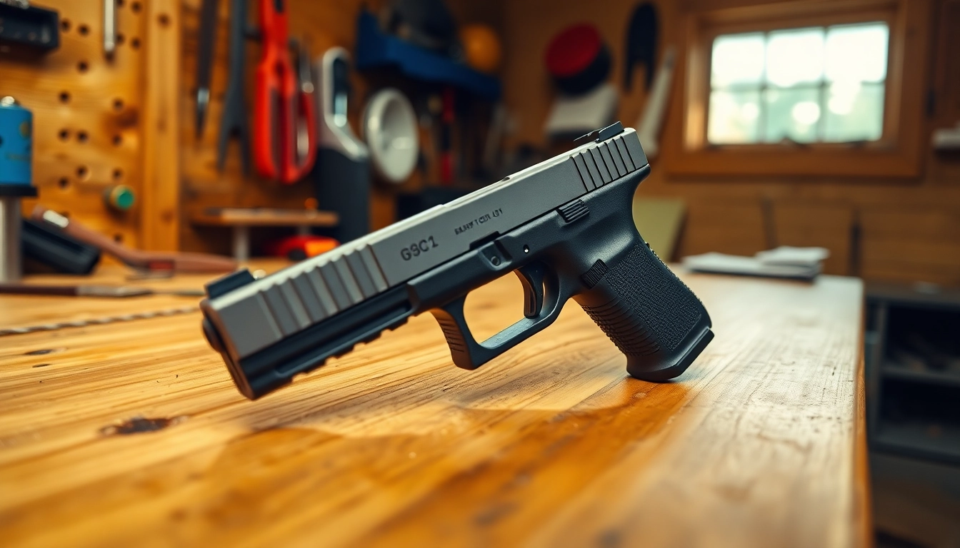Glock 19 slide showcased on a workbench, highlighting its polished texture and sleek design.
