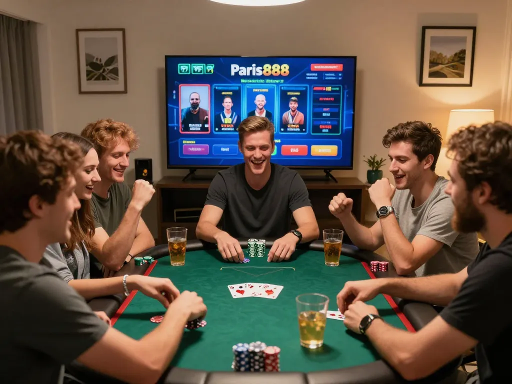 Players enjoying an exciting online session at paris888, celebrating winning poker hands with vibrant atmosphere