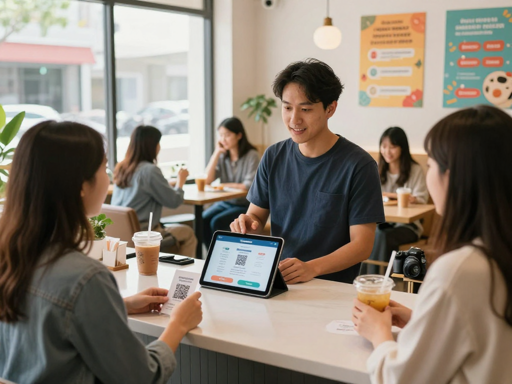 Customers utilizing loyalty software in a vibrant café setting for rewards and discounts seamlessly.