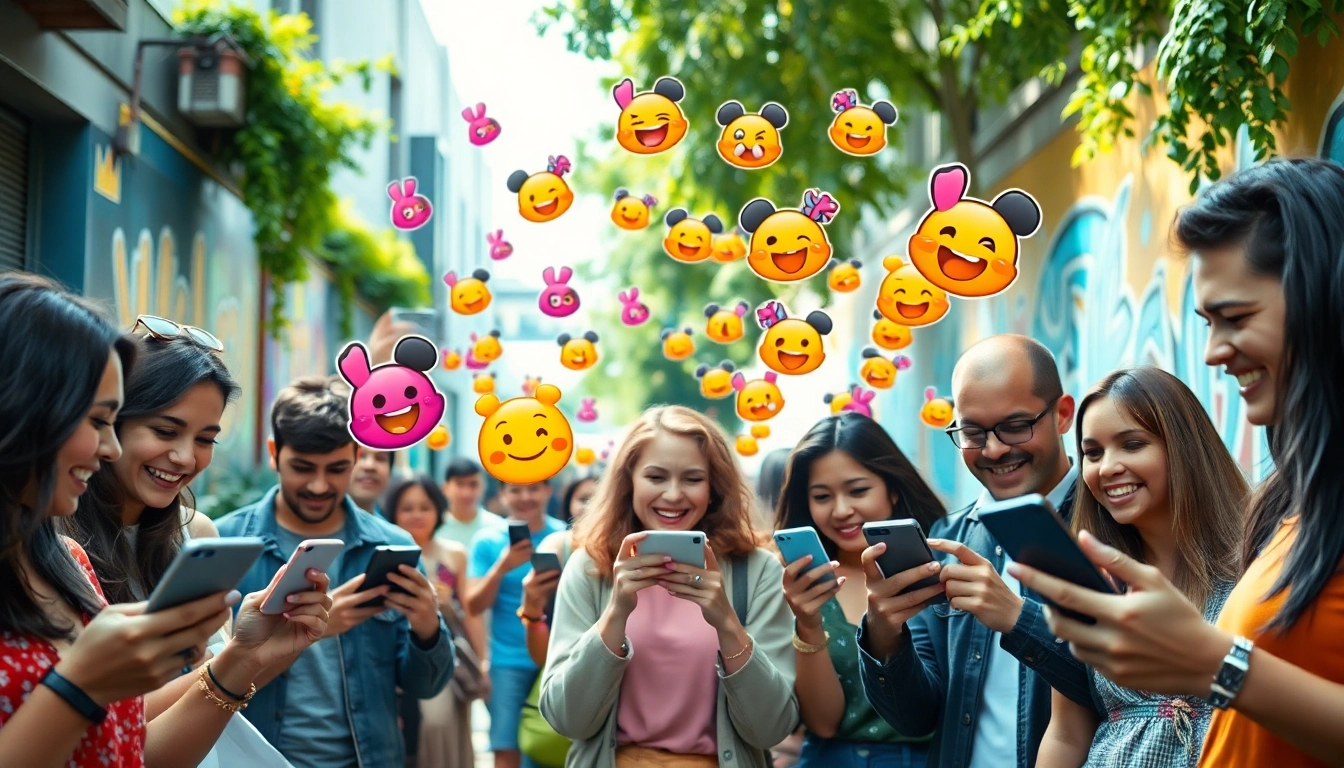 Engaging scene of users displaying tiktok emojis on smartphones in vibrant urban backdrop.