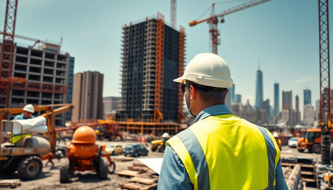 Manhattan Construction Manager supervising a construction site with high-rise buildings.