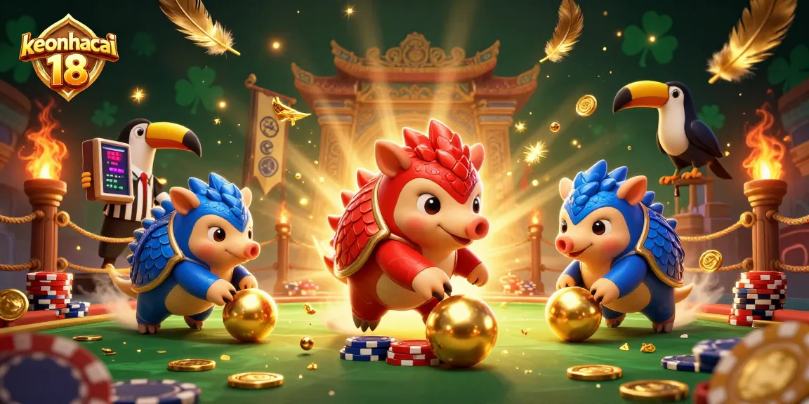 Engage in thrilling action at keonhacai 18 with dynamic pangolins amidst poker chips and gold.