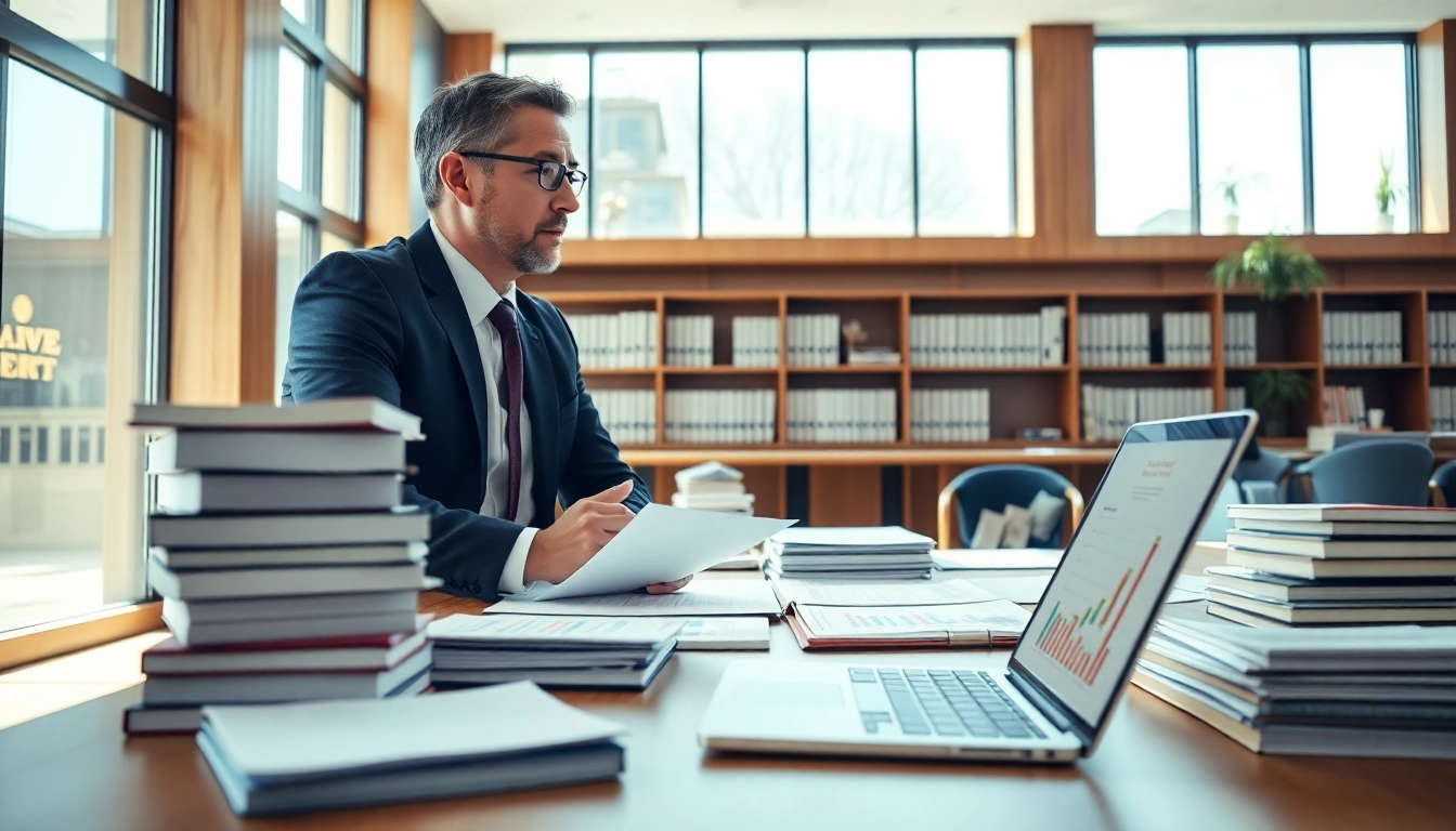 Engaged intellectual property lawyer consulting with a client in a professional setting