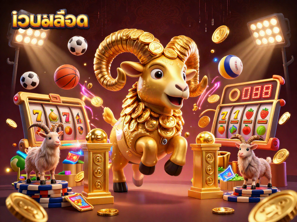 Engage in เว็บสล็อต action with a golden ram charging through slot reels and vibrant casino elements.