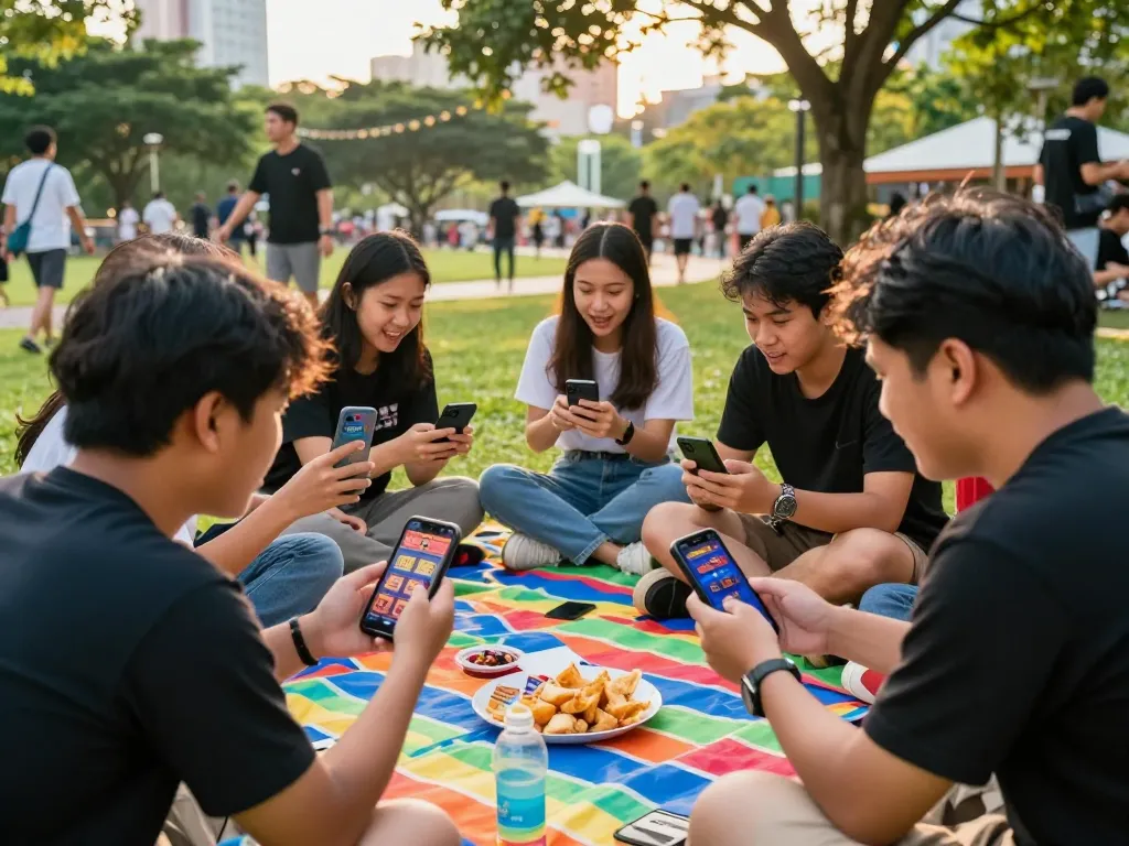 Friends enjoying outdoor gaming with slot gacor hari ini apps in a sunny park.