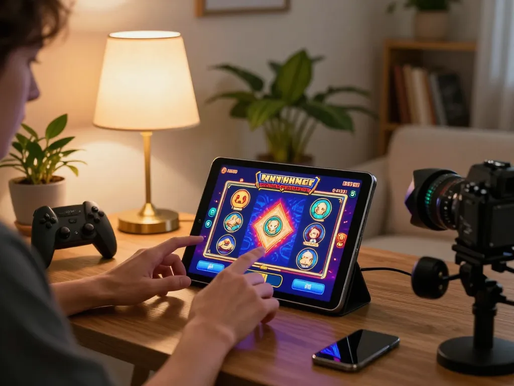 Engaging online slot game user experience on alexis77 in a cozy living room setting.