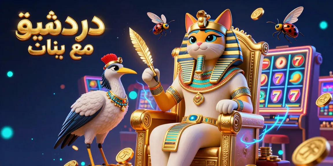 Dive into دردشة فيديو مع بنات with our vibrant illustration showcasing a lively casino scene featuring Egyptian pharaoh cat, slot machines, and neon elements.
