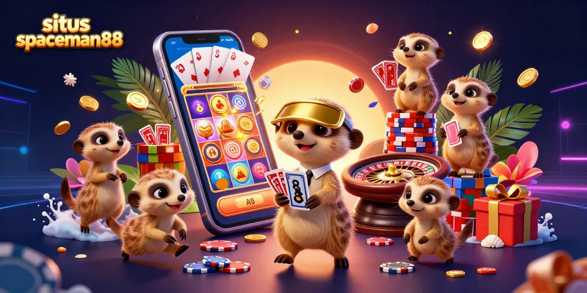 Join the fun at situs spaceman88 with meerkats running a colorful casino operation among vibrant slot games and festive ambiance.