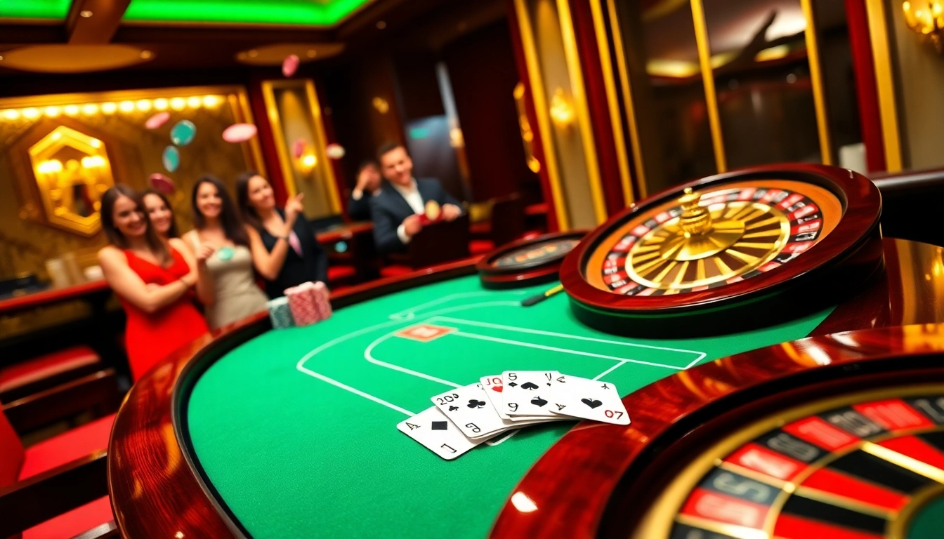 Go88 players enjoy a vibrant casino atmosphere with poker chips, roulette wheel, and elegant design.