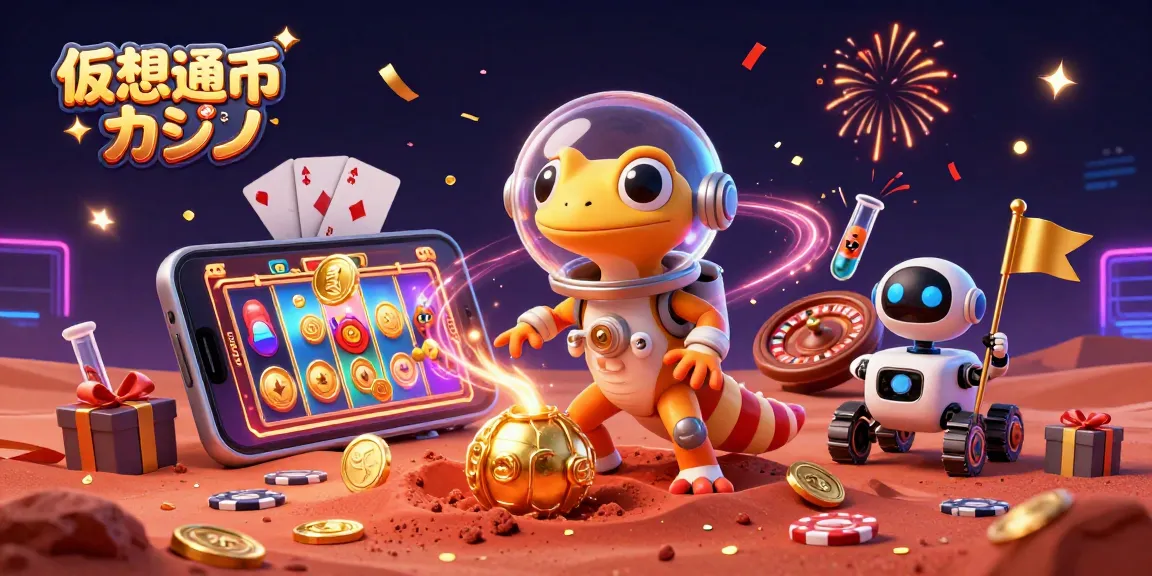 仮想通貨 カジノの魅力を描いた3Dデジタルイラストで、メインキャラクターが黄金のカジノを発見するシーン