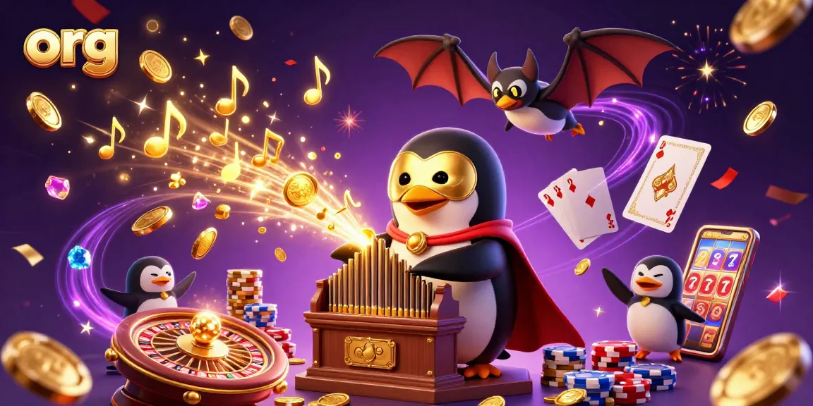 Engage with the thrill at org as a penguin plays the organ, launching golden coins in a vibrant casino scene.