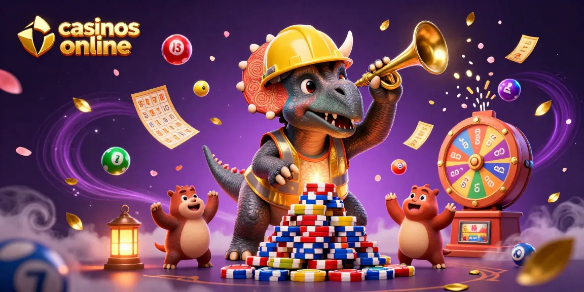 Juega en casinos online con una divertida ilustración de dinosaurios celebrando juegos y premios.