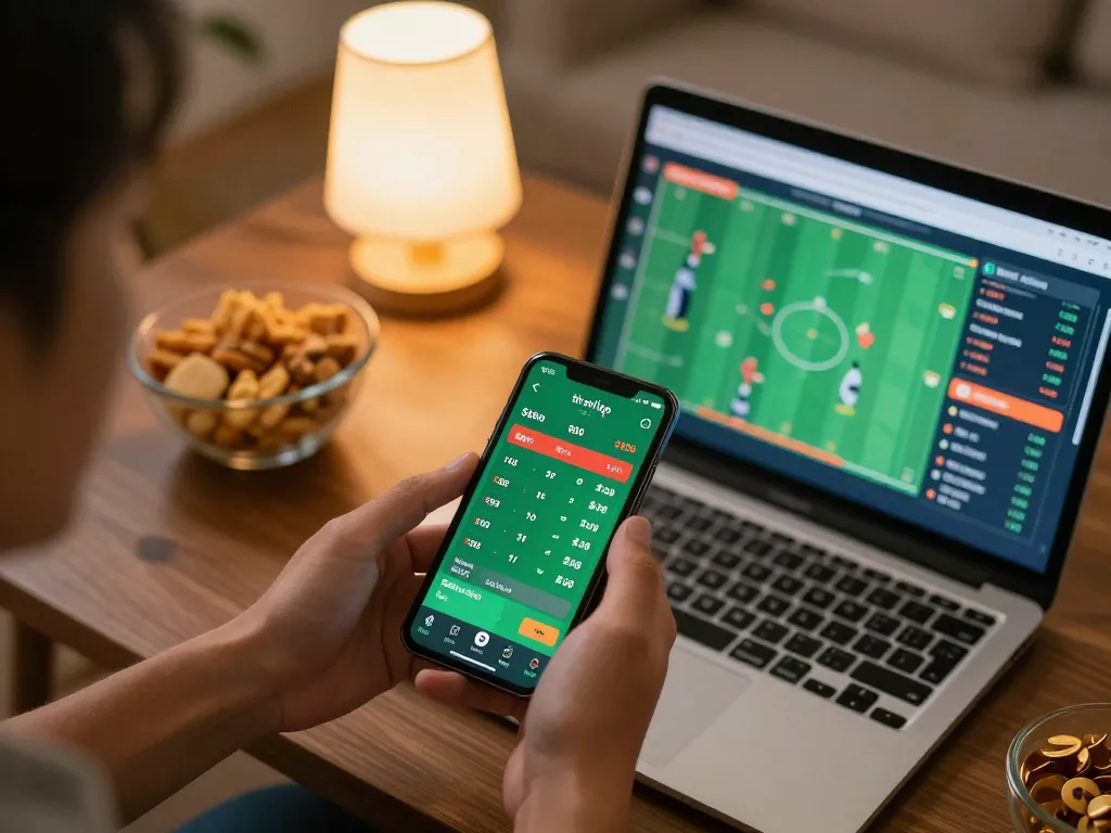 Engaging moment of checking tin soi kèo odds on a smartphone during an online betting session, cozy home setup.