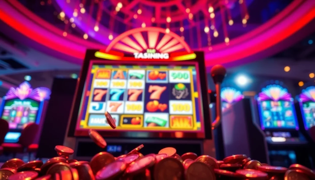 Mainkan slot online yang menarik dengan mesin slot berwarna cerah dan koin jatuh.