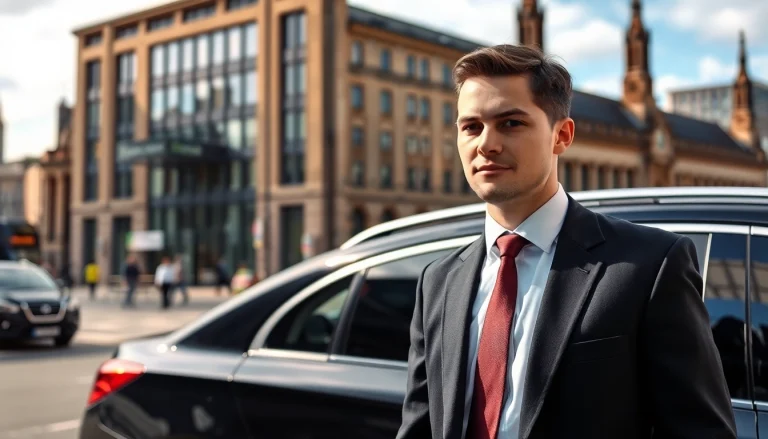 Experience premium Chauffeur Services Nottingham with a polished chauffeur by a luxury vehicle in an upscale setting.