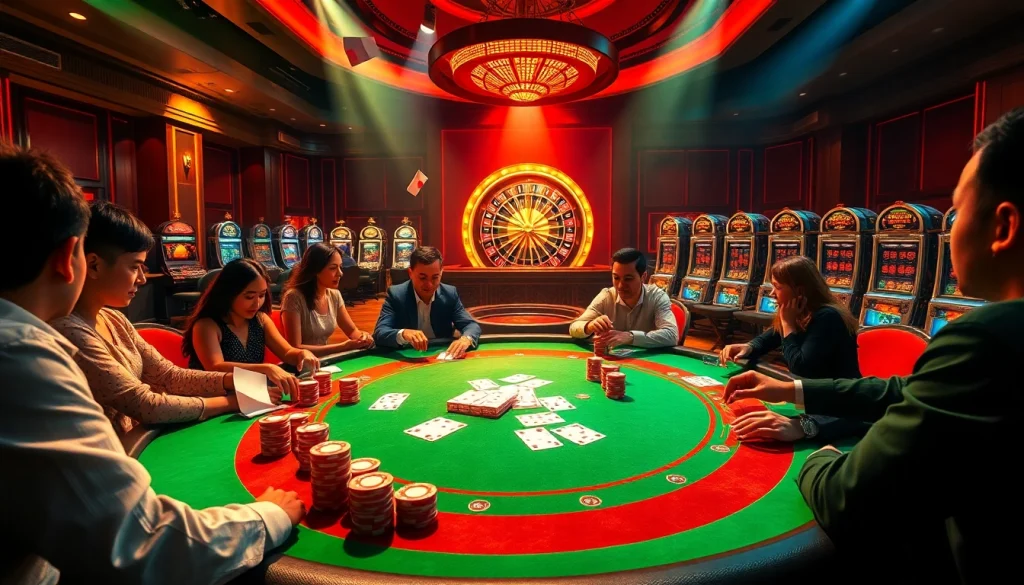 Experience exhilarating moments at Nhà cái XX88 with players enjoying poker and spinning roulette wheels.