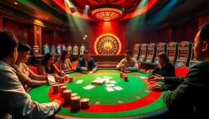 Experience exhilarating moments at Nhà cái XX88 with players enjoying poker and spinning roulette wheels.