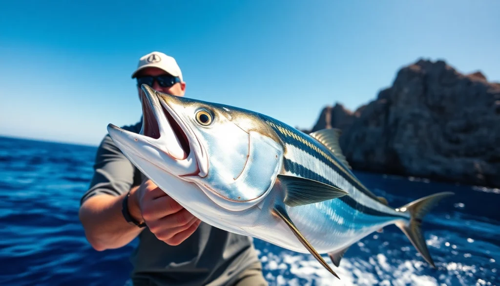 Catching a large Wahoo fish while fishing in Cabo San Lucas's beautiful waters.