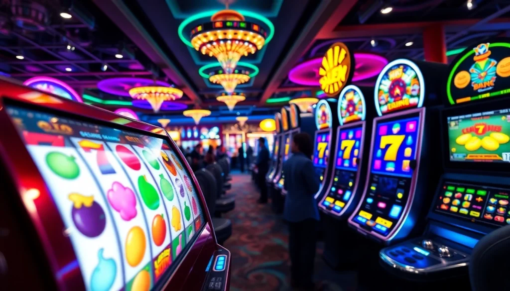 Slot mesin digital interaktif dengan simbol berwarna-warni yang berputar, menambah keseruan suasana kasino.