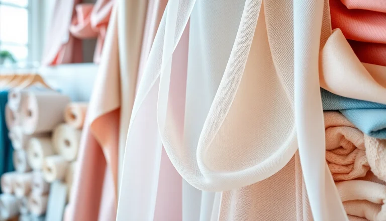 Bekijk de zacht glanzende mousseline stof in een chique winkelomgeving vol met kleurrijke stoffen.